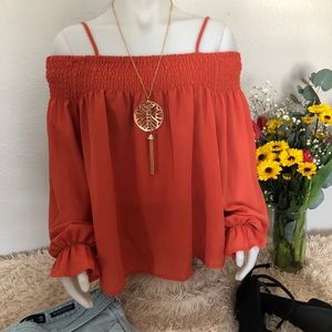 BEAUTIFUL ORANGE OFF THE SHOULDER BOHO BLOUSE